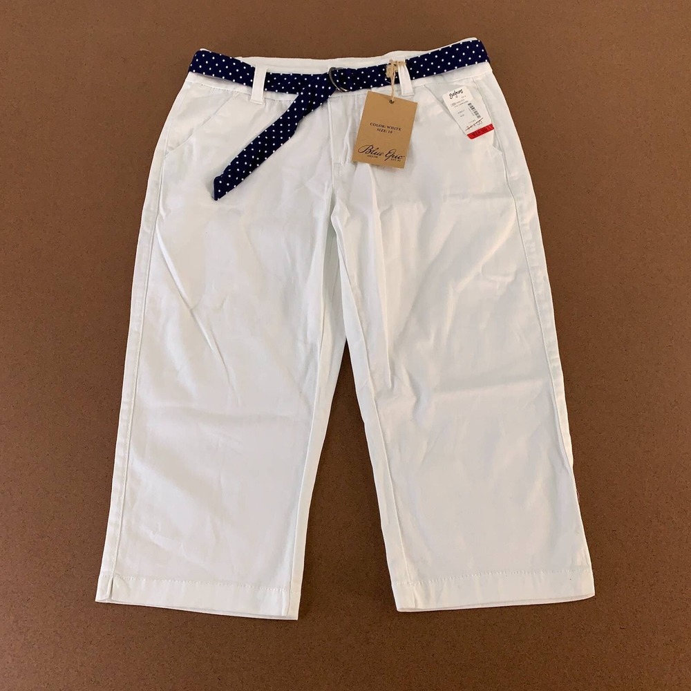 Blue Epic Womens Capri Pants White Solid Belted Pockets Stretch Twill 10 New